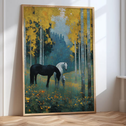 A framed painting depicting two horses standing in a field with yellow flowers, surrounded by tall trees with green foliage.