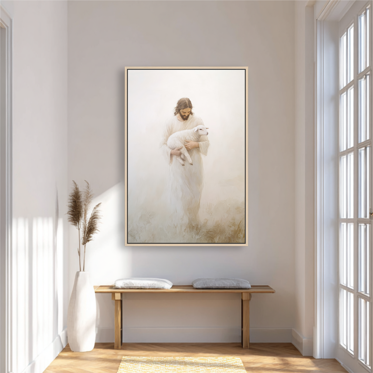 a serene indoor setting with a large painting of Jesus Christ holding a lamb hanging on the wall. In front of the painting, there is a wooden bench and a vase with dried plants, creating a peaceful and tranquil atmosphere.