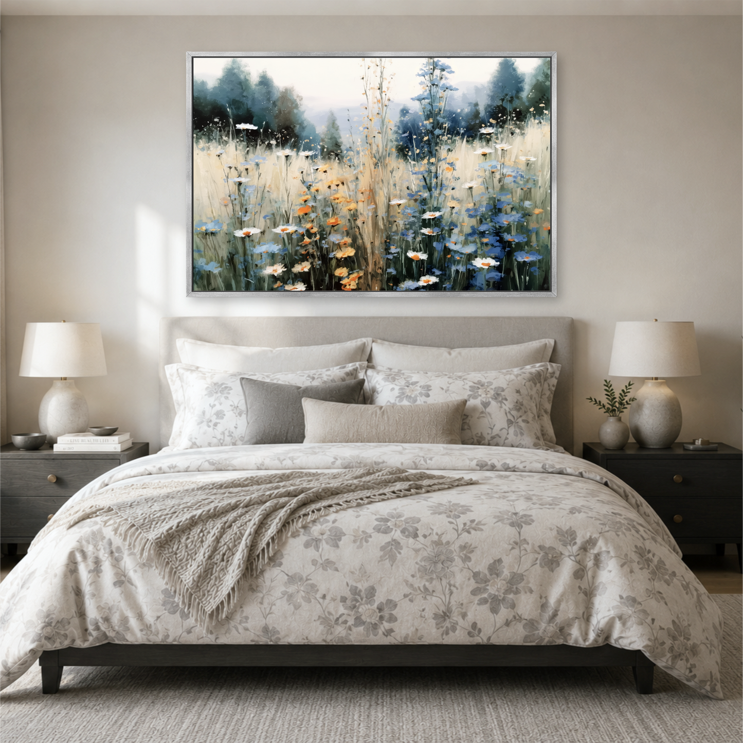 a serene bedroom scene with a large bed adorned with a floral comforter and pillows, flanked by two nightstands with lamps. Above the bed, a large framed painting of a field of flowers is displayed on the wall, creating a calming and peaceful atmosphere.