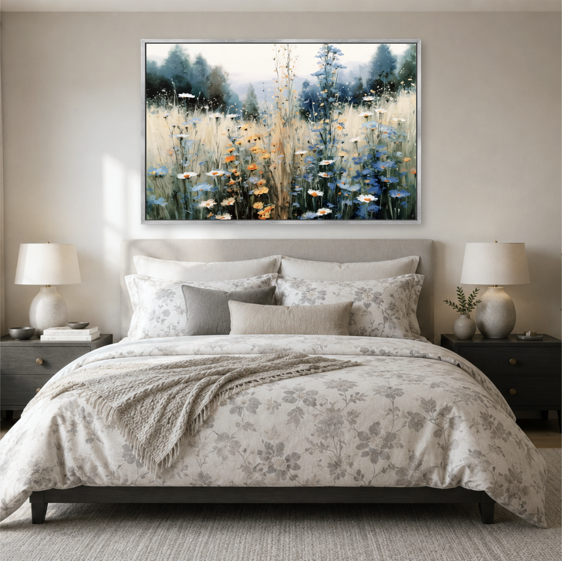 a serene bedroom scene with a large bed adorned with a floral comforter and pillows, flanked by two nightstands with lamps. Above the bed, a large framed painting of a field of flowers is displayed on the wall, creating a calming and peaceful atmosphere.