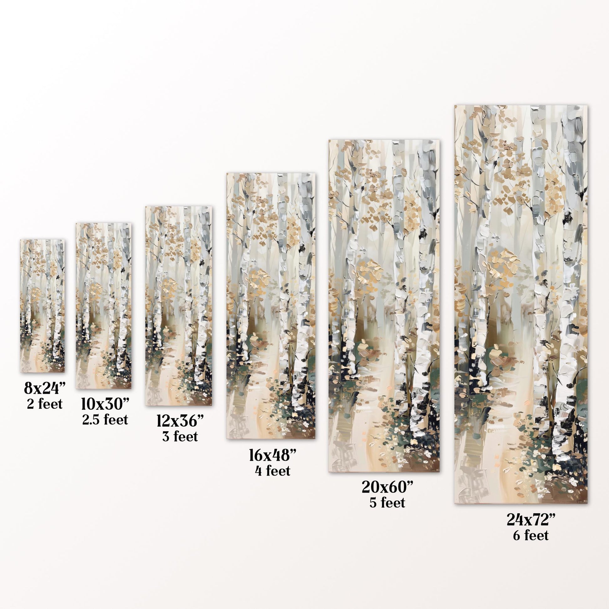 a series of paintings or artwork sizes, ranging from 8'x24" to 20'x60", with corresponding descriptions for each size.