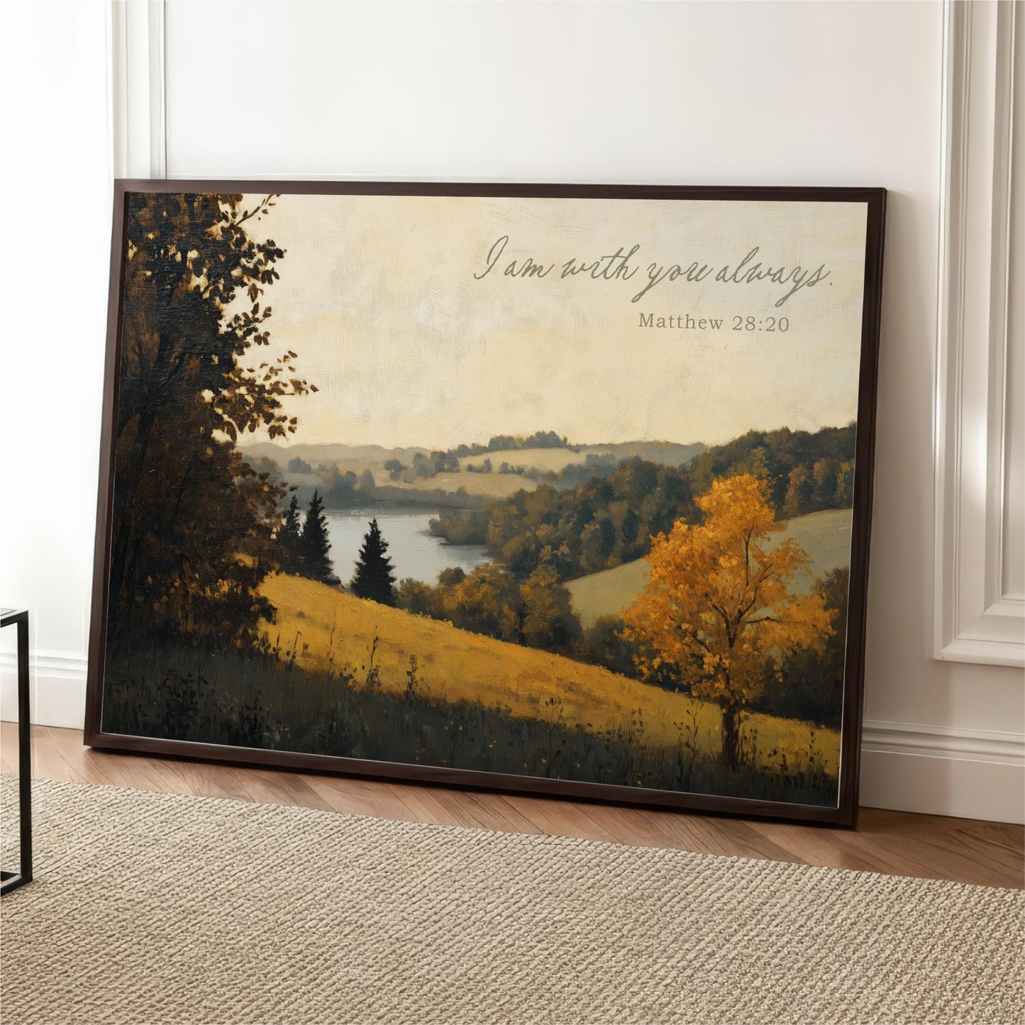 The image is a framed painting depicting a serene landscape with a tree and a body of water in the background.