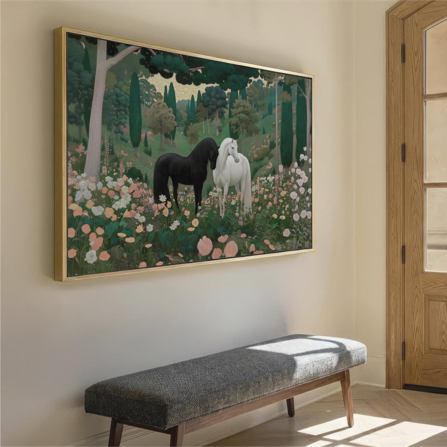 a large painting of two horses in a field of flowers, hanging on a wall.