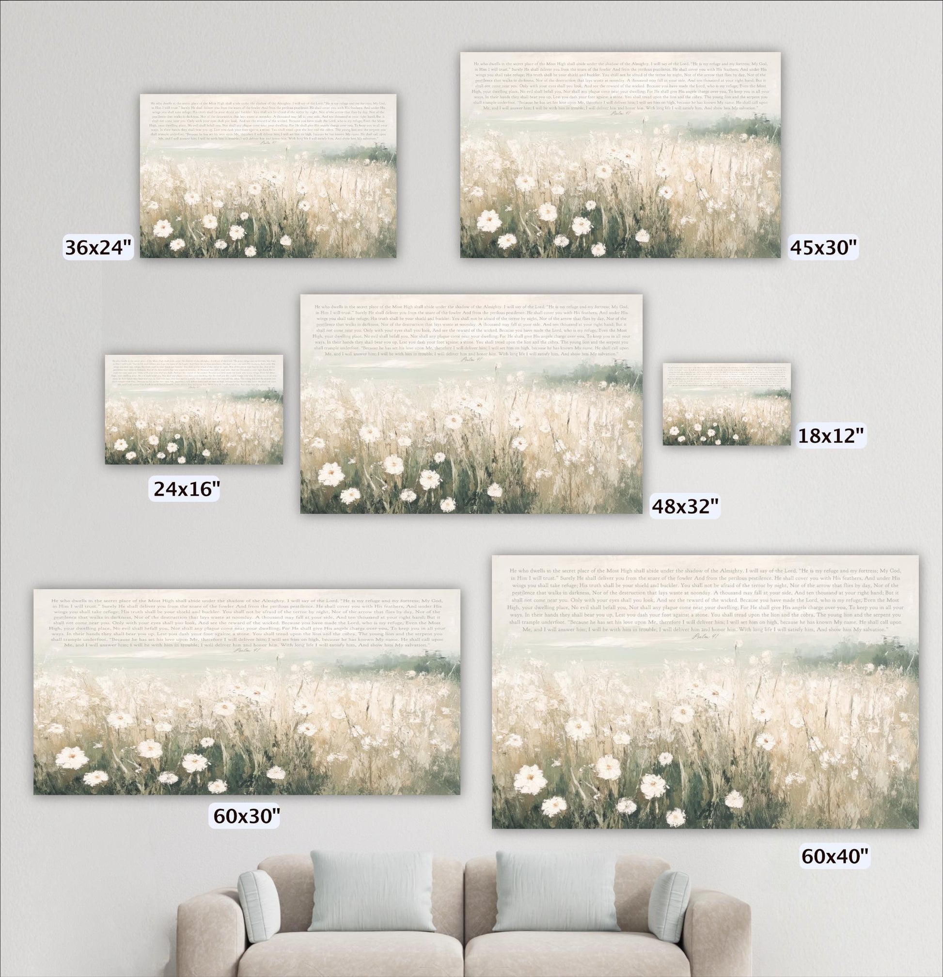 a collection of six different sizes of paintings or prints, each depicting a field of flowers. The paintings vary in size, ranging from 36x24" to 60x60", and are arranged in a grid-like pattern on the wall.