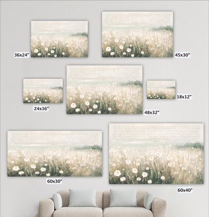 a collection of six different sizes of paintings or prints, each depicting a field of flowers. The paintings vary in size, ranging from 36x24" to 60x60", and are arranged in a grid-like pattern on the wall.