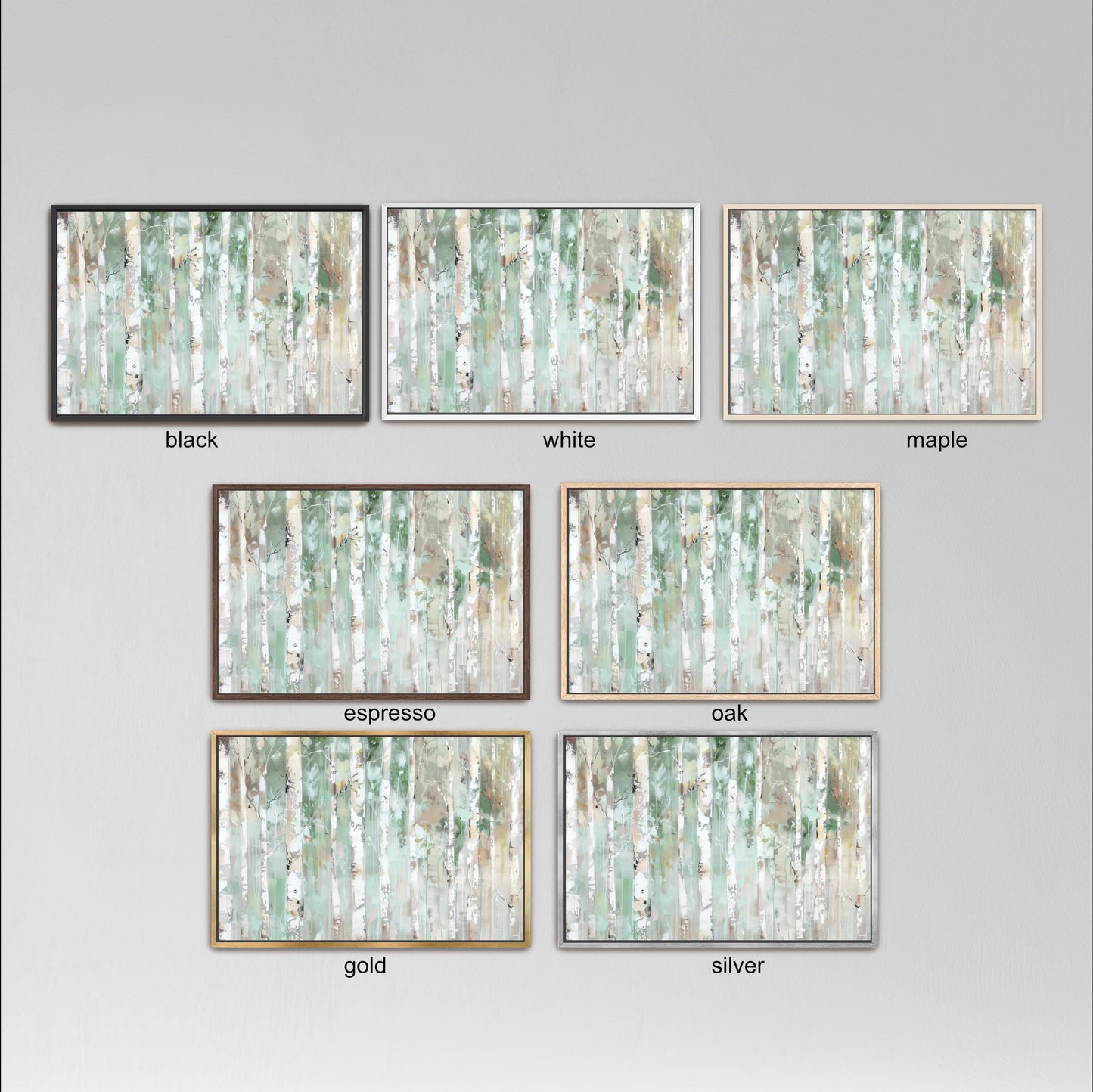 a collection of six framed artworks, each with a different color and frame style, arranged in a grid against a gray background.