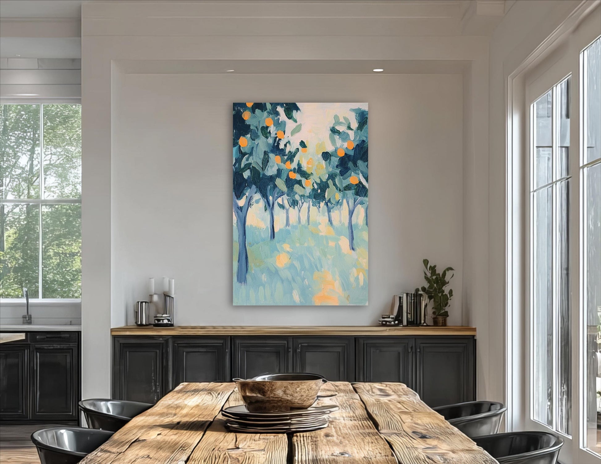 a dining room with a large painting of trees hanging on the wall above a wooden table. The table is set with plates and bowls, and there are several potted plants and vases placed around the room.
