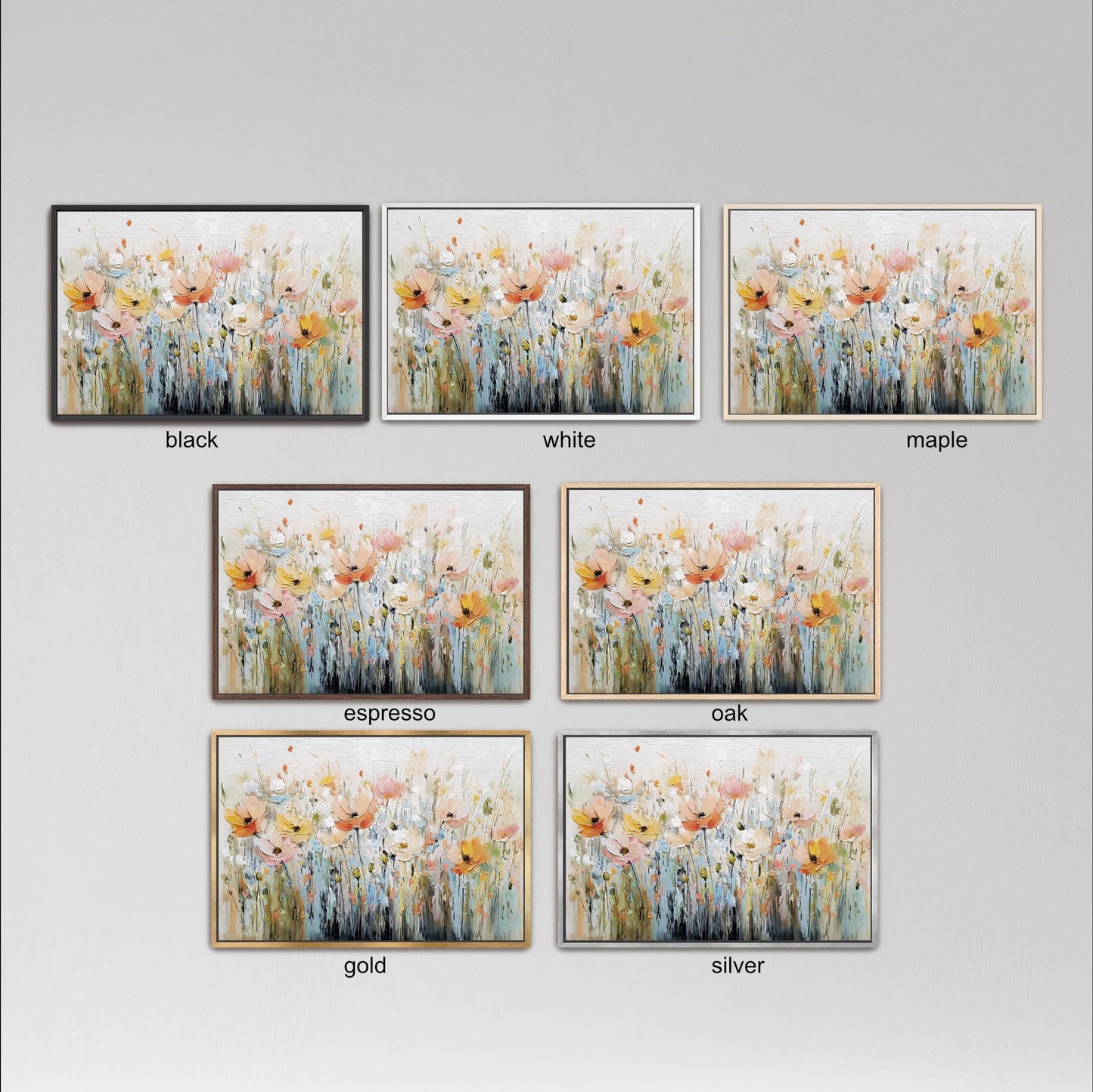 six framed artworks, each with a different color and style of flowers. The artworks are arranged in a grid format, with three rows and two columns. The artworks are labeled with the color and style of the frame, such as black, white, maple, espresso, oak, gold, and silver.