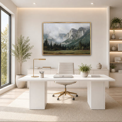 a modern, minimalist office space with a large painting of a mountain landscape hanging on the wall above a white desk with a computer and office chair.