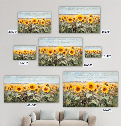 a collection of six framed paintings depicting a field of sunflowers. The paintings vary in size, ranging from 36x24" to 48x32" and 60x30" to 60x40". The paintings are arranged on a wall, with a couch in the foreground.