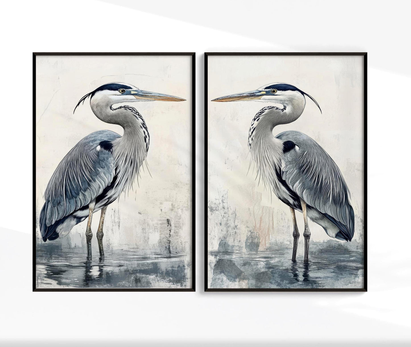 blue heron set of 2 coastal paintings, artwork framed canvas, printed and shipped to you