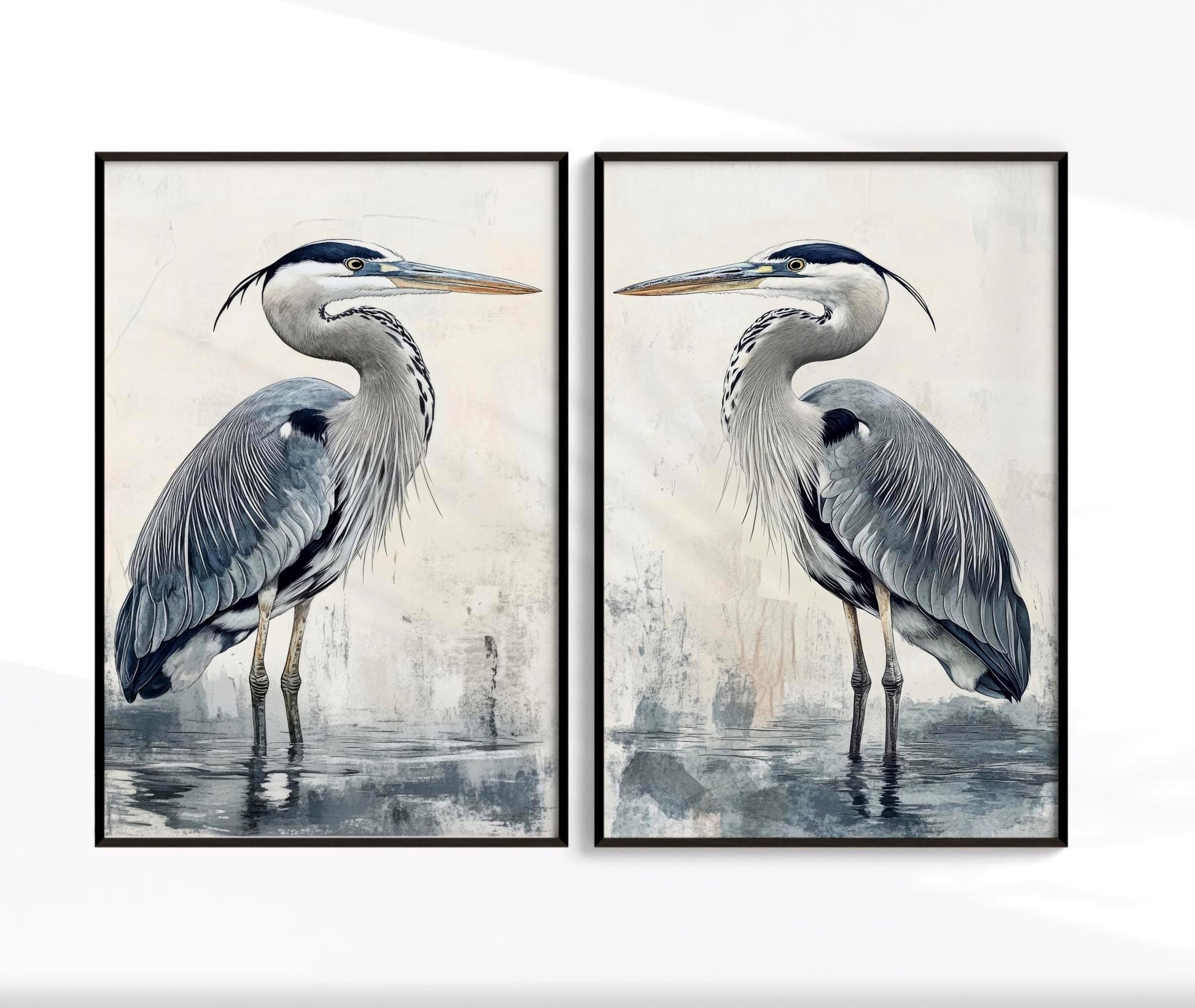 blue heron set of 2 coastal paintings, artwork framed canvas, printed and shipped to you