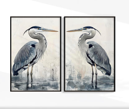 blue heron set of 2 coastal paintings, artwork framed canvas, printed and shipped to you