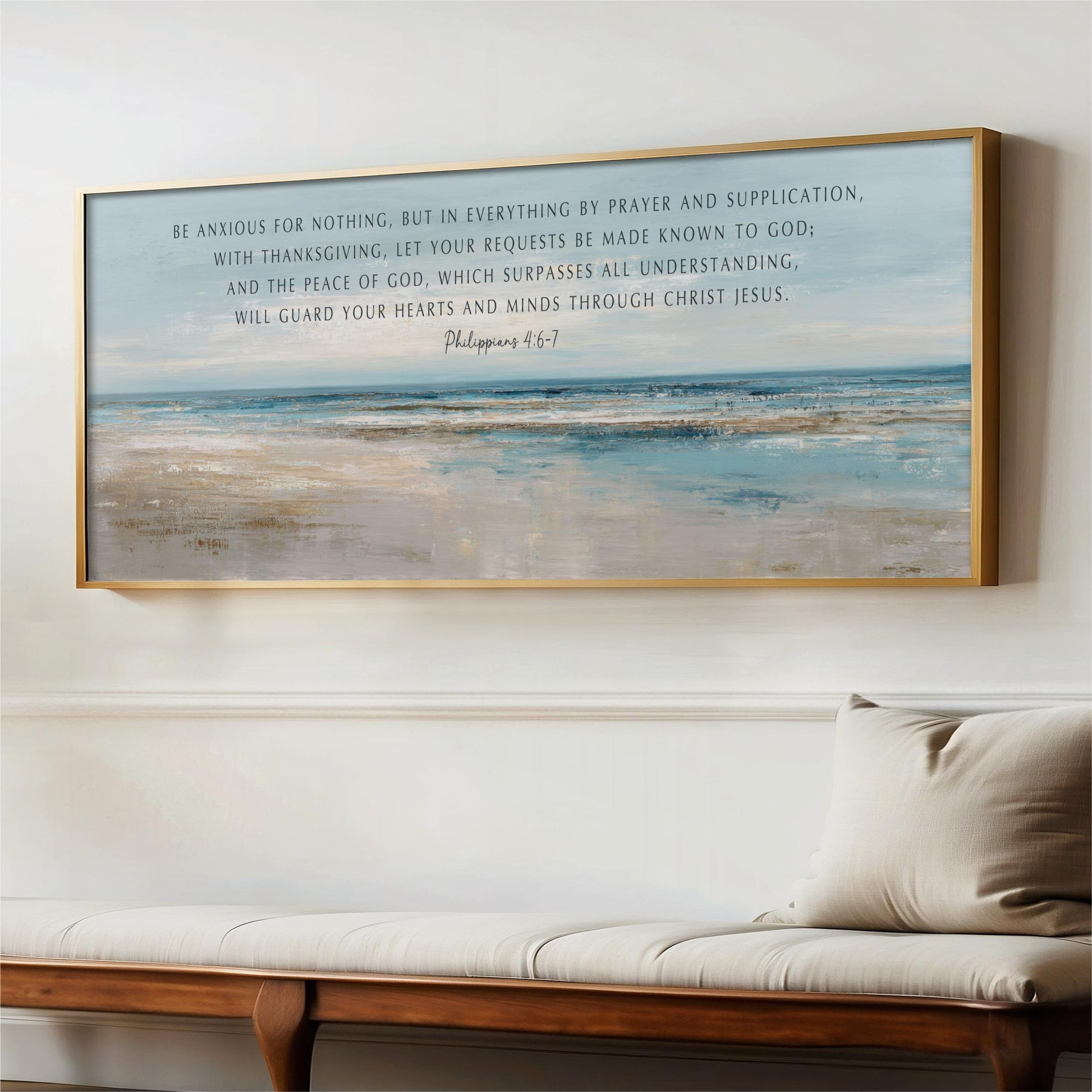 The image is a framed painting of a serene beach scene, with a quote from Philippians 4:6 overlaid on the painting.