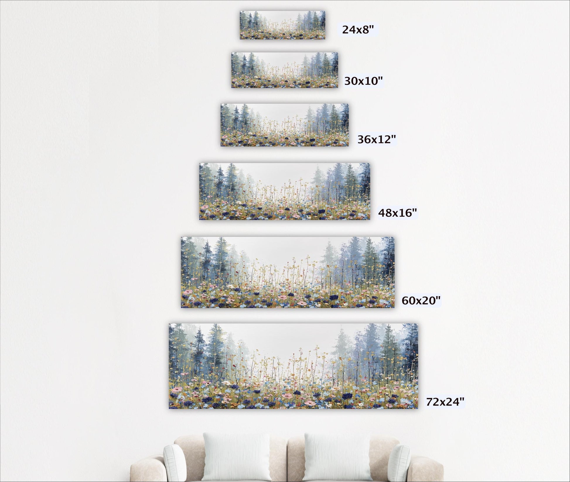 A series of landscape paintings depicting various forest scenes, each with a different size and frame.