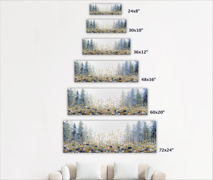 A series of landscape paintings depicting various forest scenes, each with a different size and frame.
