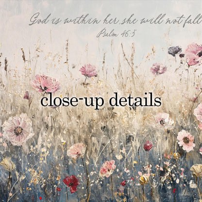 The image is a close-up of a field of flowers, with a Bible verse from Psalm 46:5 overlaid on the scene.