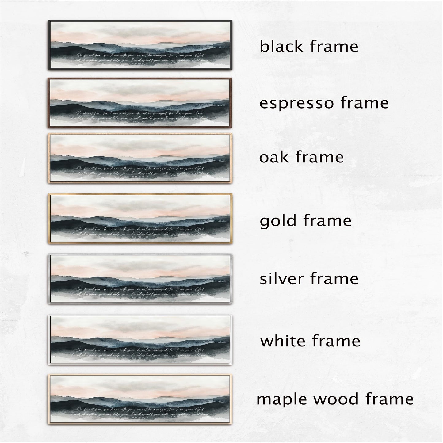six different framed artworks, each with a unique frame color and style, including black, espresso, oak, gold, silver, white, and maple wood frames.