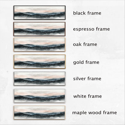 six different framed artworks, each with a unique frame color and style, including black, espresso, oak, gold, silver, white, and maple wood frames.