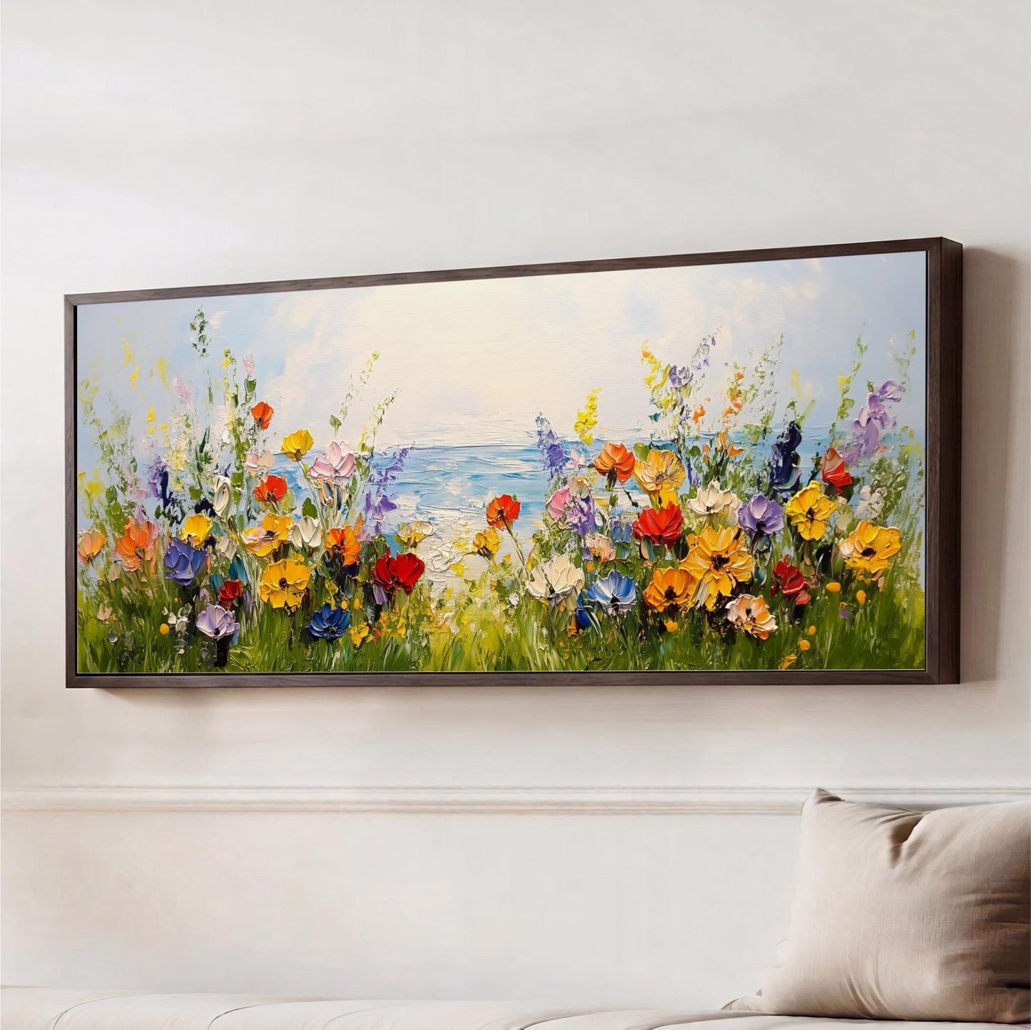 Coastal Wildflower Meadow Wall Art, Field of Colorful Flowers Beach Ocean Seascape, Panorama Landscape, Horizontal Framed Artwork