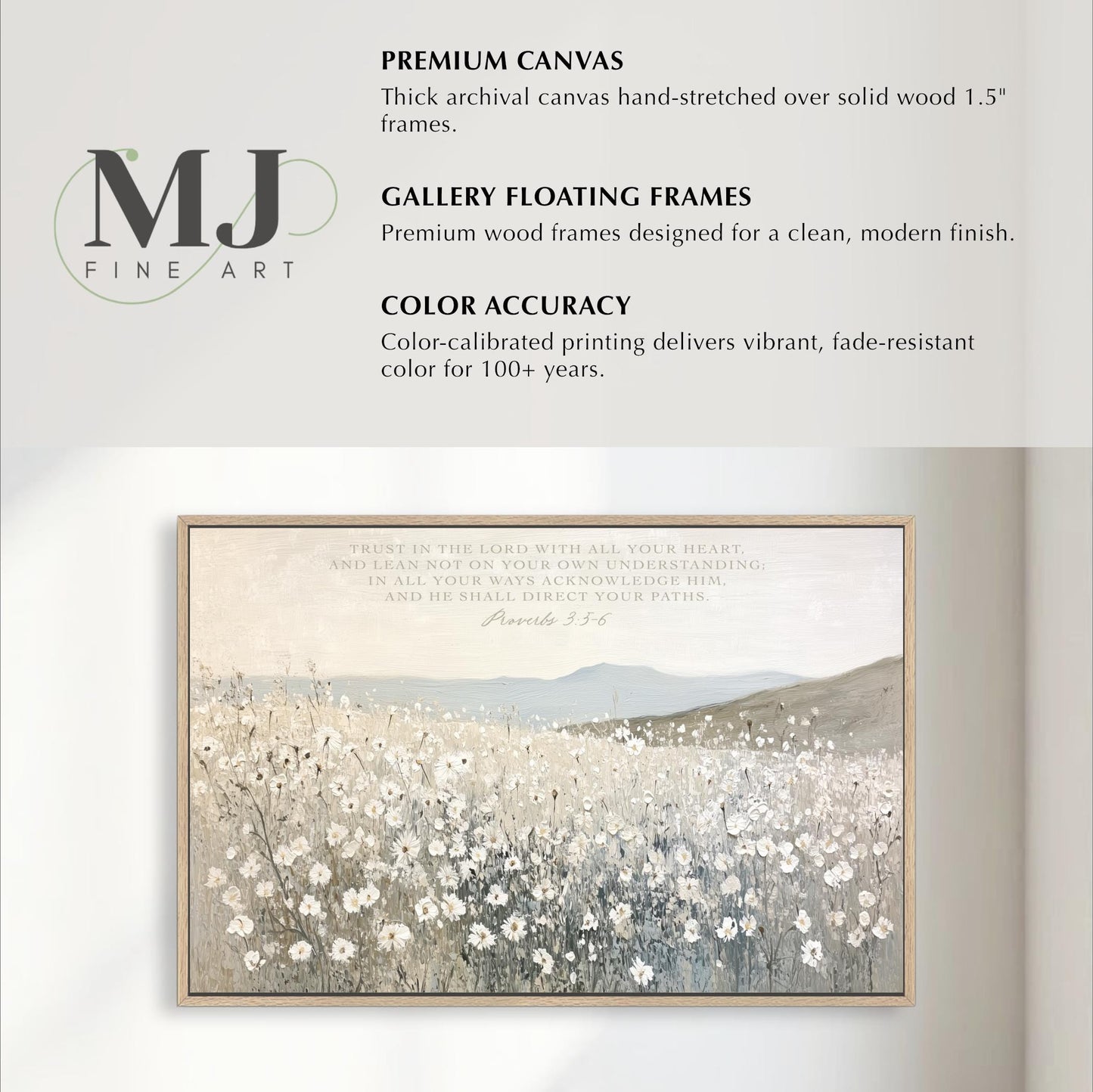 The image is a framed artwork depicting a field of white flowers against a mountainous landscape. The artwork is labeled as a "Premium Canvas" and "Gallery Floating Frames" from "MJ Fine Art", with a focus on color accuracy and the use of premium wood frames for a clean, modern finish.