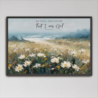 The image is a framed painting depicting a field of white flowers against a backdrop of a blue sky and a body of water.