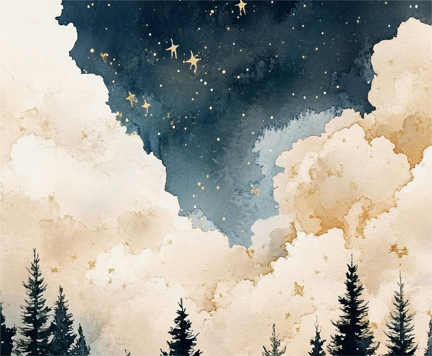a painting of a night sky with stars and trees