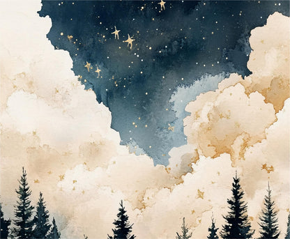 a painting of a night sky with stars and trees