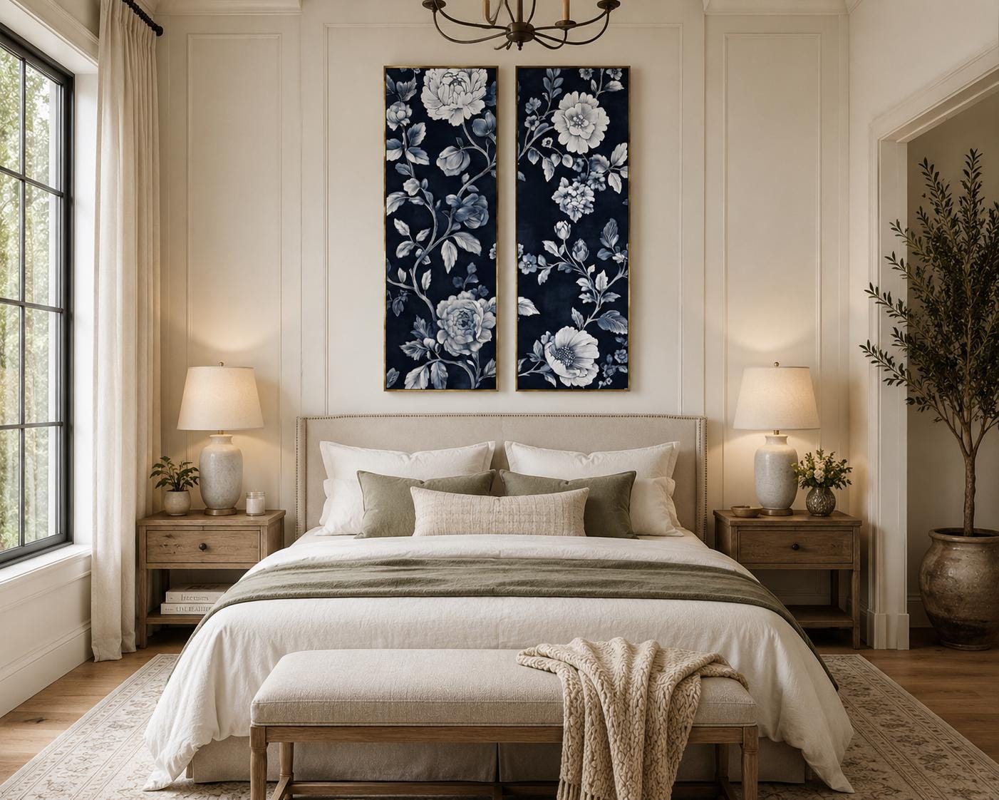 a serene and well-decorated bedroom with a large bed, wooden furniture, and a large floral print on the wall.