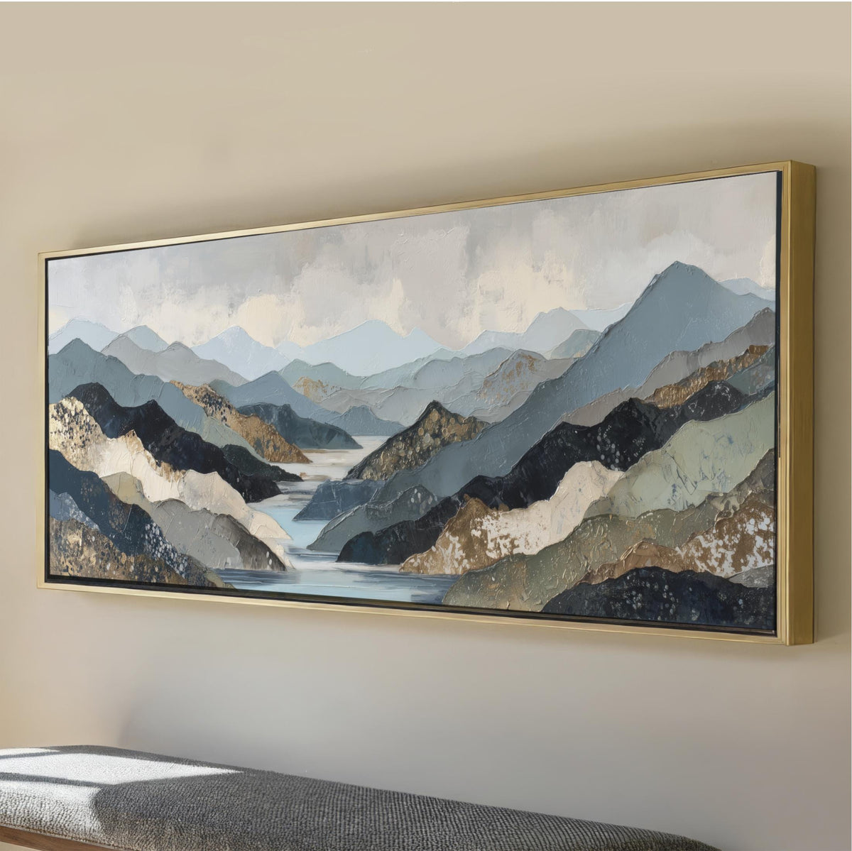 Abstract Mountain Landscape Wall Art, Lake River Canvas Print, Modern Nature Framed Artwork, Above Bed, Bedroom, Large Living Room Sofa