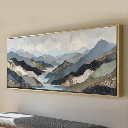 Abstract Mountain Landscape Wall Art, Lake River Canvas Print, Modern Nature Framed Artwork, Above Bed, Bedroom, Large Living Room Sofa