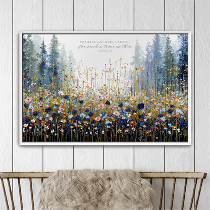 The image is a framed painting depicting a vibrant field of wildflowers, with a forest in the background.