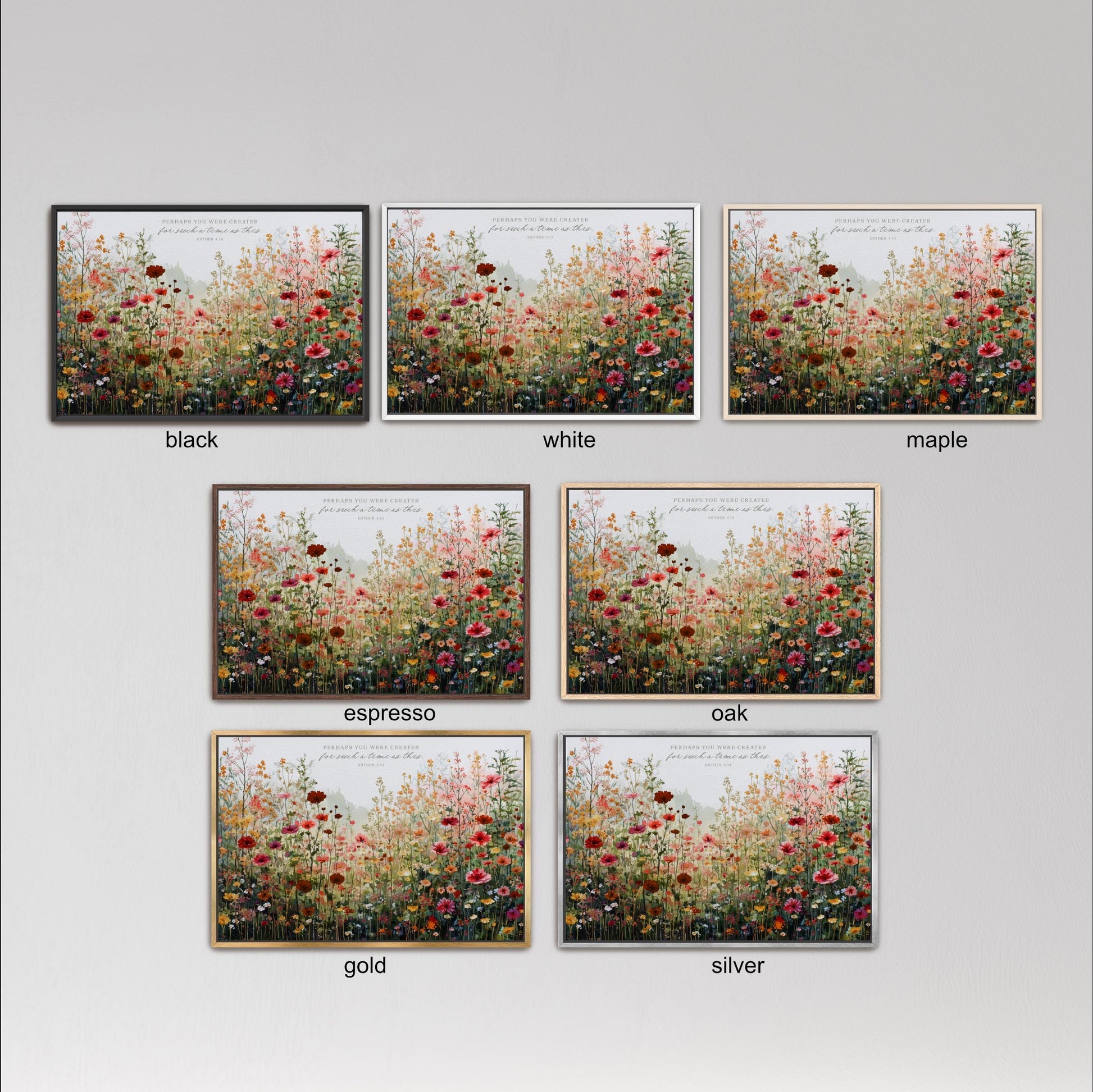 six framed pictures of a field of flowers, each with a different color and frame style. The pictures are arranged in a grid format, with three pictures in each row and two pictures in each column. The frames are labeled with the color of the frame, such as black, white, and maple.