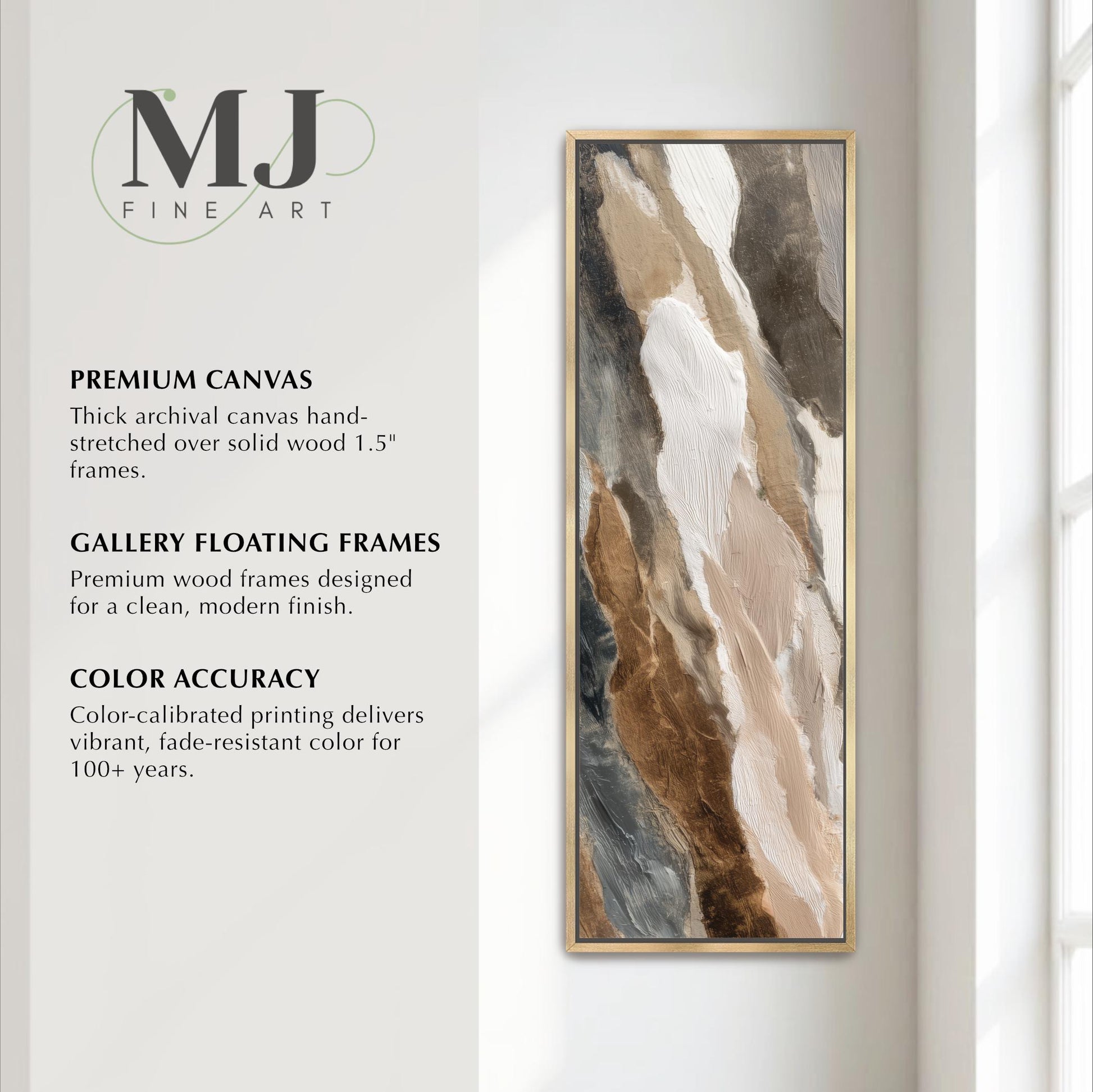 The image is an advertisement for a painting by MJ Fine Art, featuring a large abstract painting with a mix of brown, gray, and white colors. The painting is displayed in a gallery floating frame, which is described as a premium wood frame designed for a clean, modern finish. The painting is color-accurate, meaning it delivers vibrant, fade-resistant color for 100 years.