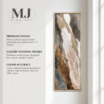 The image is an advertisement for a painting by MJ Fine Art, featuring a large abstract painting with a mix of brown, gray, and white colors. The painting is displayed in a gallery floating frame, which is described as a premium wood frame designed for a clean, modern finish. The painting is color-accurate, meaning it delivers vibrant, fade-resistant color for 100 years.