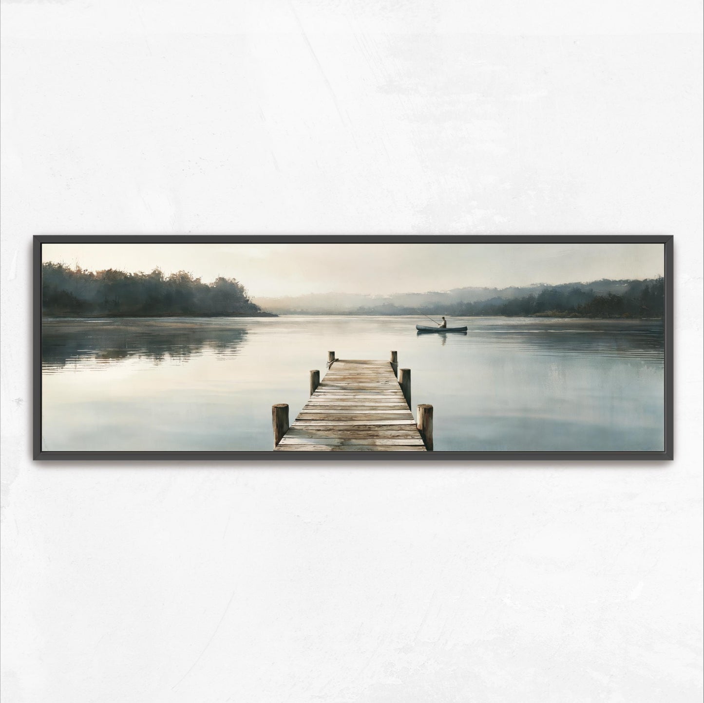 A wooden dock extends into a calm lake, with a small boat floating on the water. The scene is surrounded by trees and a hazy, misty atmosphere.