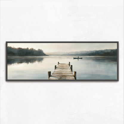 A wooden dock extends into a calm lake, with a small boat floating on the water. The scene is surrounded by trees and a hazy, misty atmosphere.