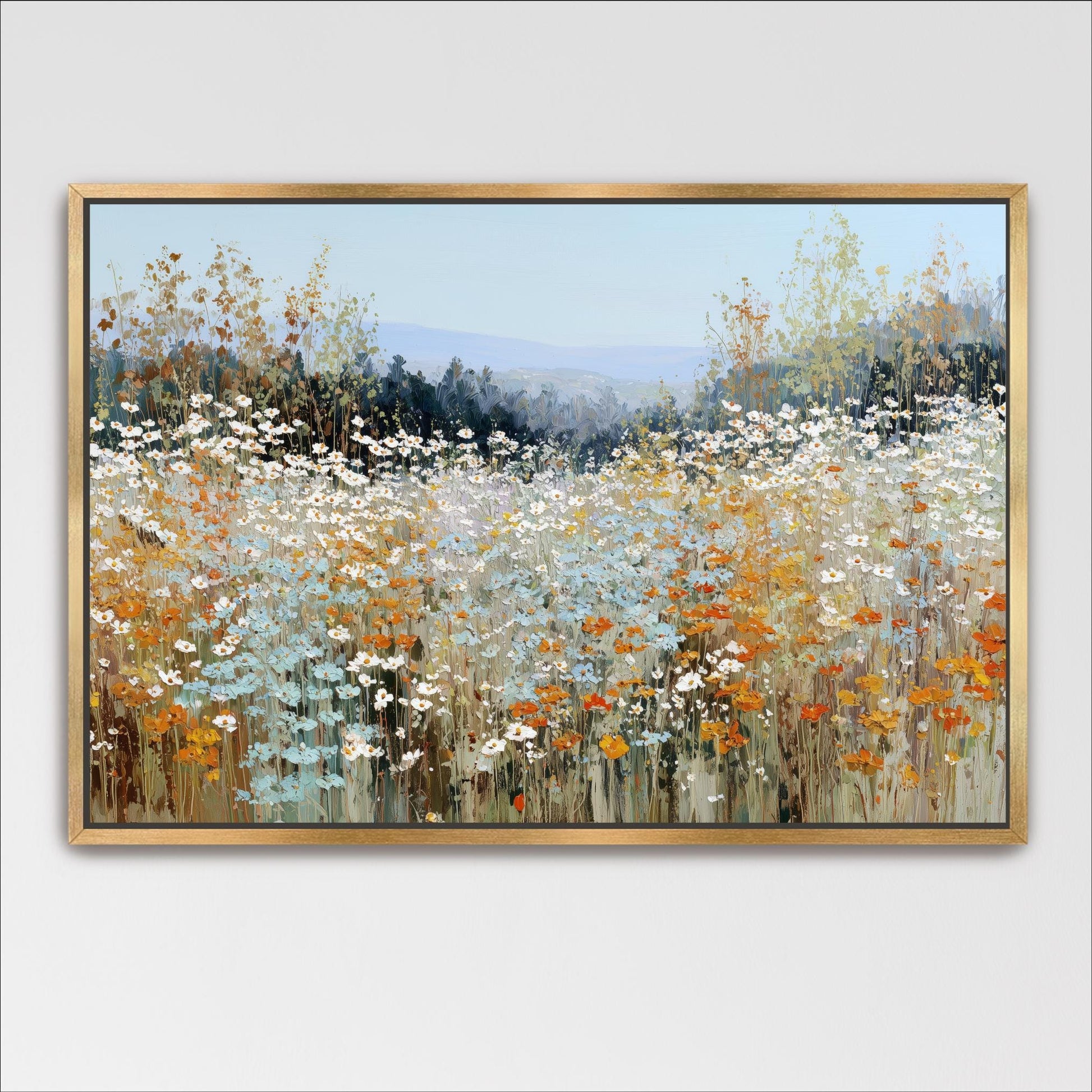 The image is a framed painting depicting a field of flowers with a blue sky in the background.