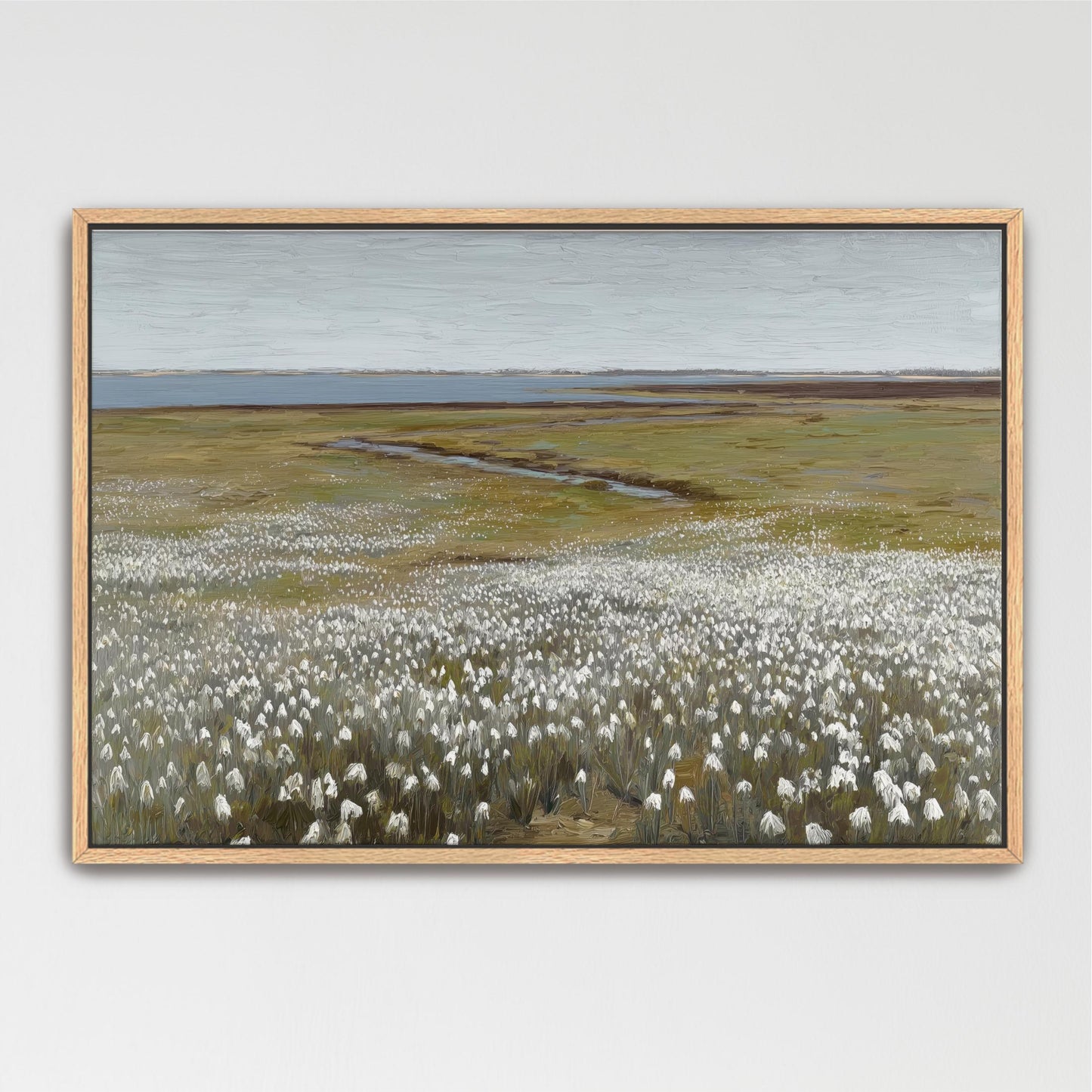 The image is a painting of a field with white flowers, set against a backdrop of a body of water and a cloudy sky.