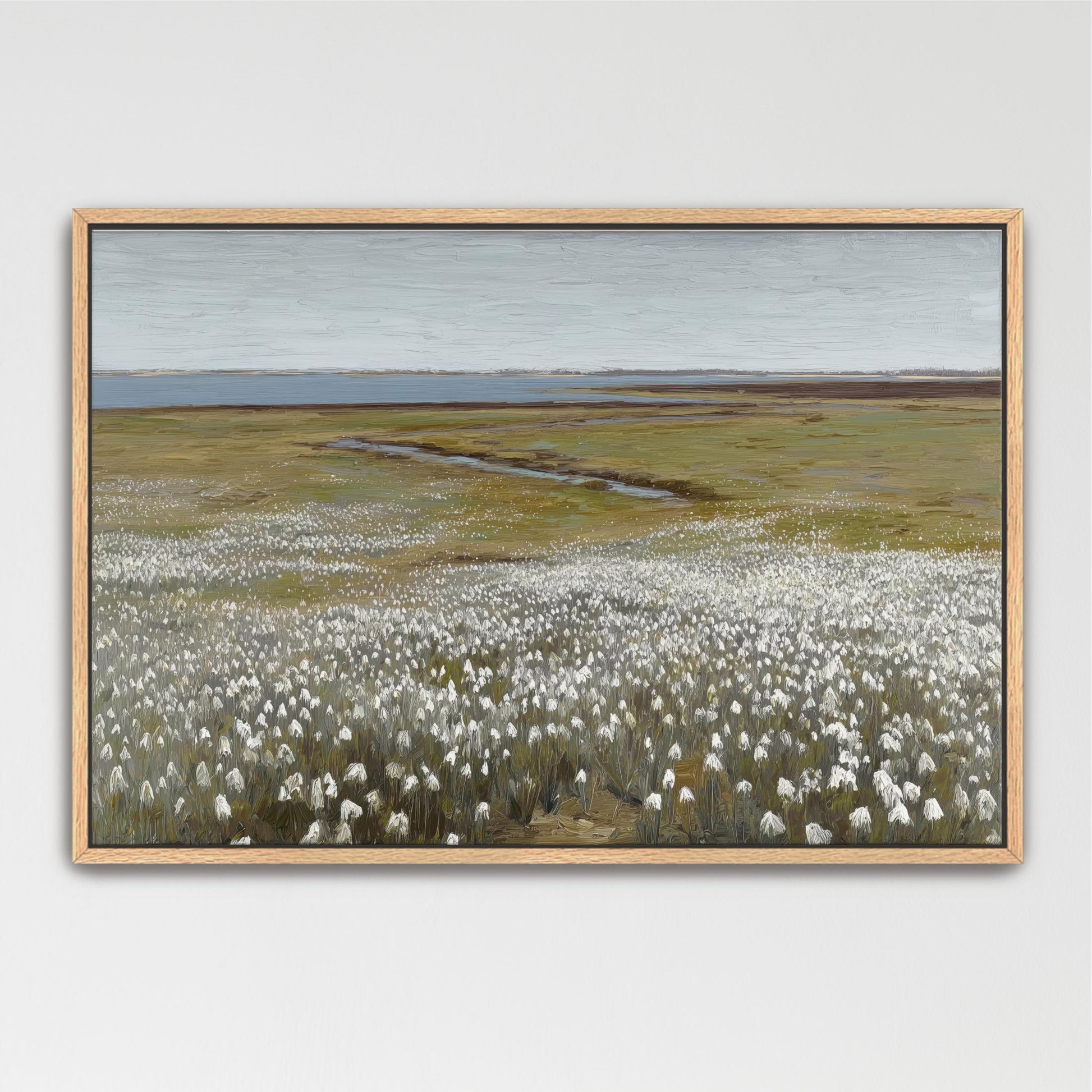 The image is a painting of a field with white flowers, set against a backdrop of a body of water and a cloudy sky.