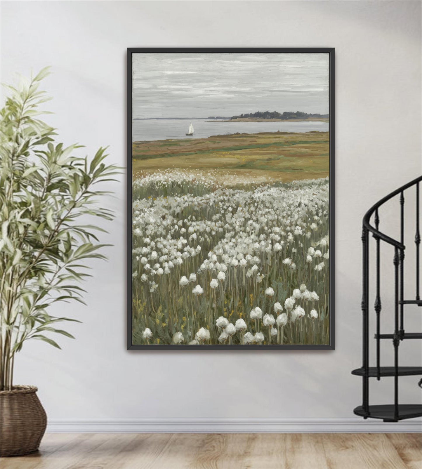 a large painting of a field of white flowers hanging on a wall, with a sailboat visible in the distance on the water.