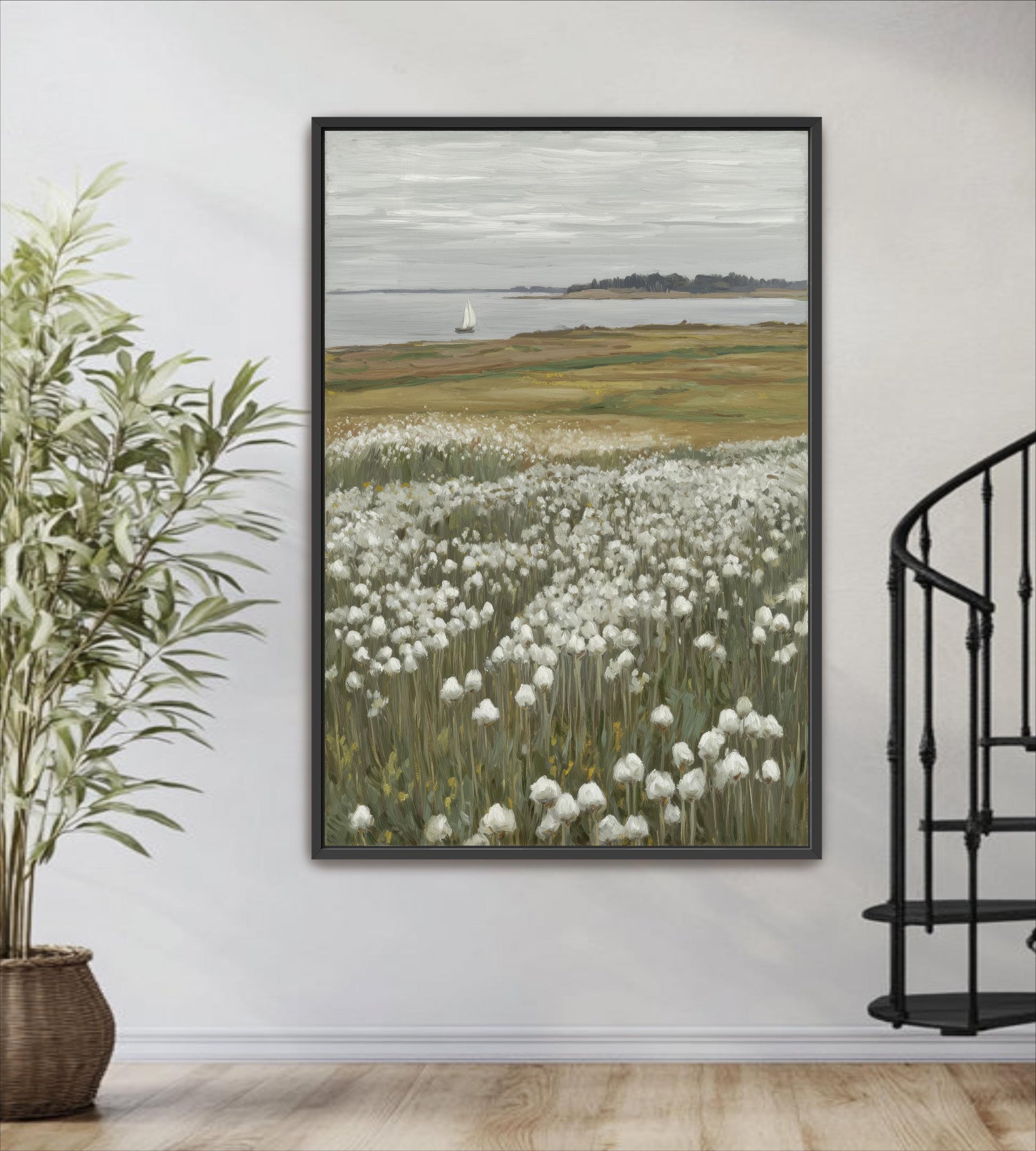 a large painting of a field of white flowers hanging on a wall, with a sailboat visible in the distance on the water.