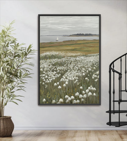 a large painting of a field of white flowers hanging on a wall, with a sailboat visible in the distance on the water.