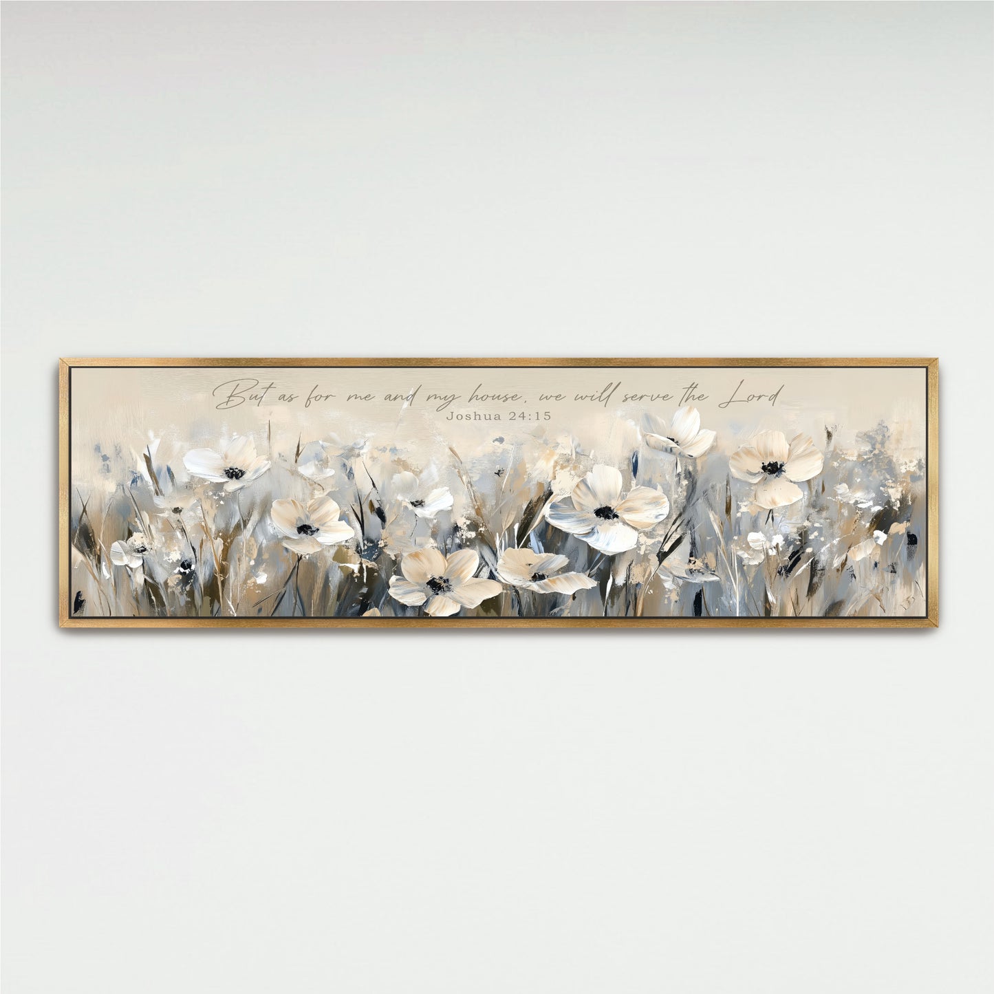The image is a framed painting depicting a field of white flowers against a light background.