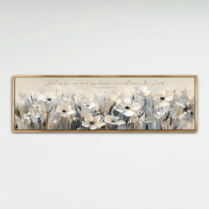 The image is a framed painting depicting a field of white flowers against a light background.