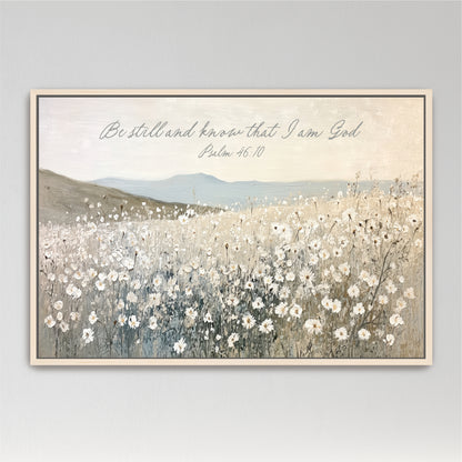 The image is a painting of a field of white flowers, with mountains in the background. The painting is framed and has a Bible verse from Psalm 46:10 overlaid on it.