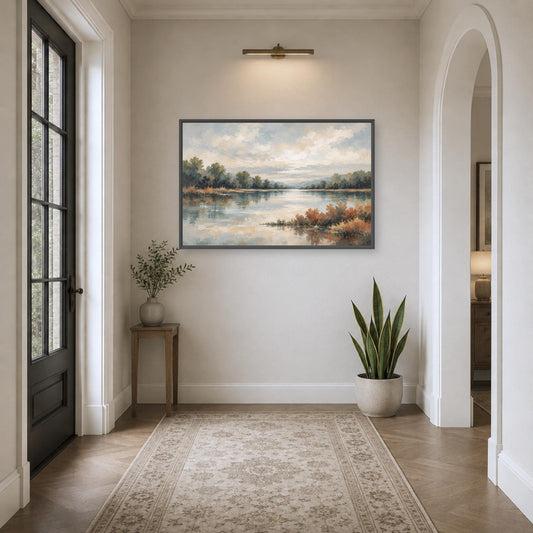 a serene hallway with a large painting of a landscape hanging on the wall, a small table with a plant, and a rug on the floor.