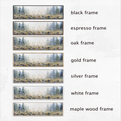 a series of framed landscape photographs, each with a different frame color and style. The photographs are arranged in a row, showcasing the various options available for framing a landscape scene.