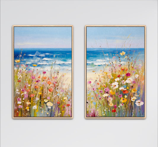 Coastal Wildflowers Landscape Art Set of 2, Framed Canvas, Colorful Spring Field, Ocean Seascape, Beach Cottage Flowers Floral Artwork