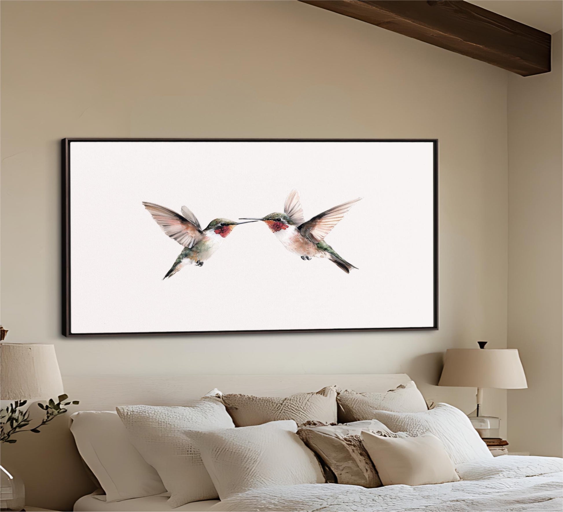 two hummingbirds in mid-flight, with their wings spread wide and their beaks touching, creating a sense of harmony and balance in the composition.